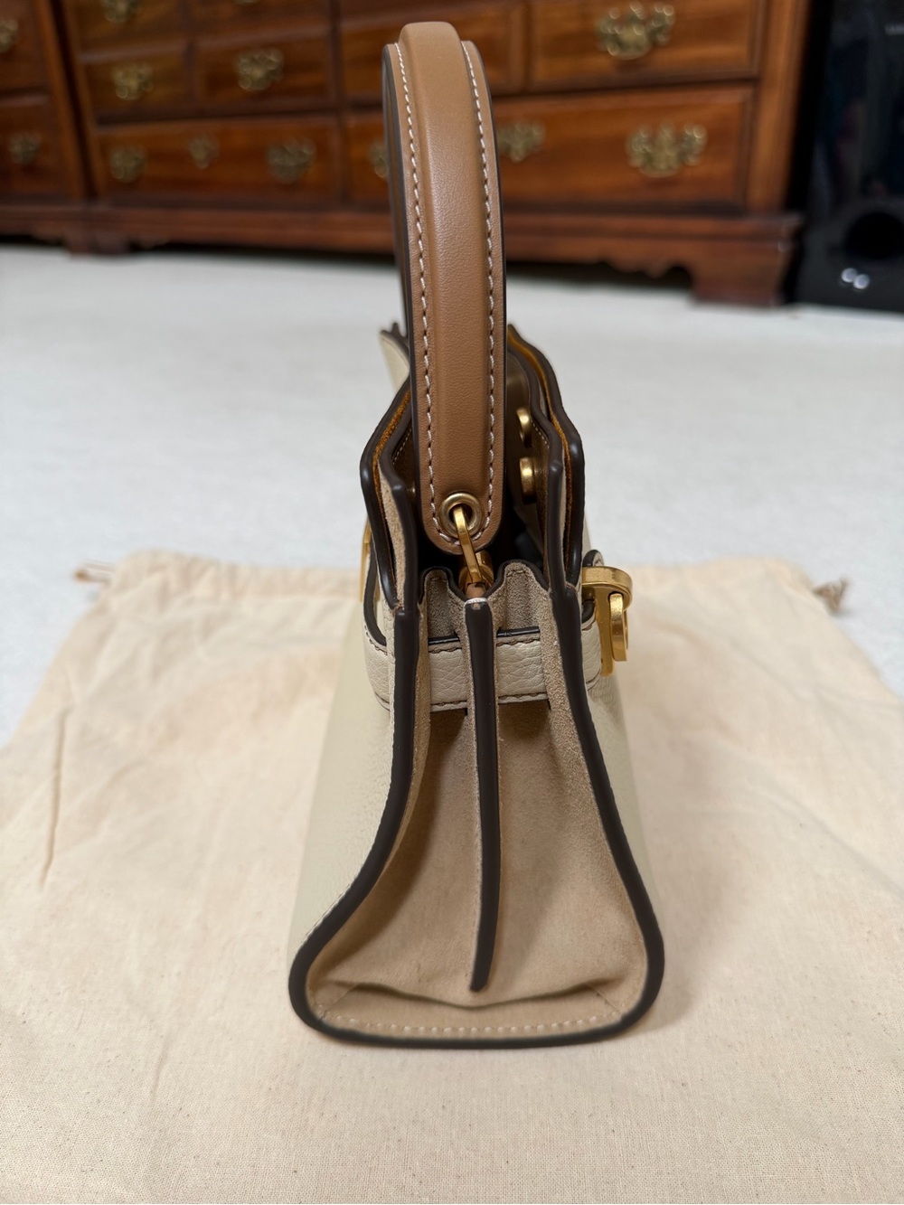 Tory Burch Leather Top-Handle Satchel in Cream and Brown - Picture 2 of 9